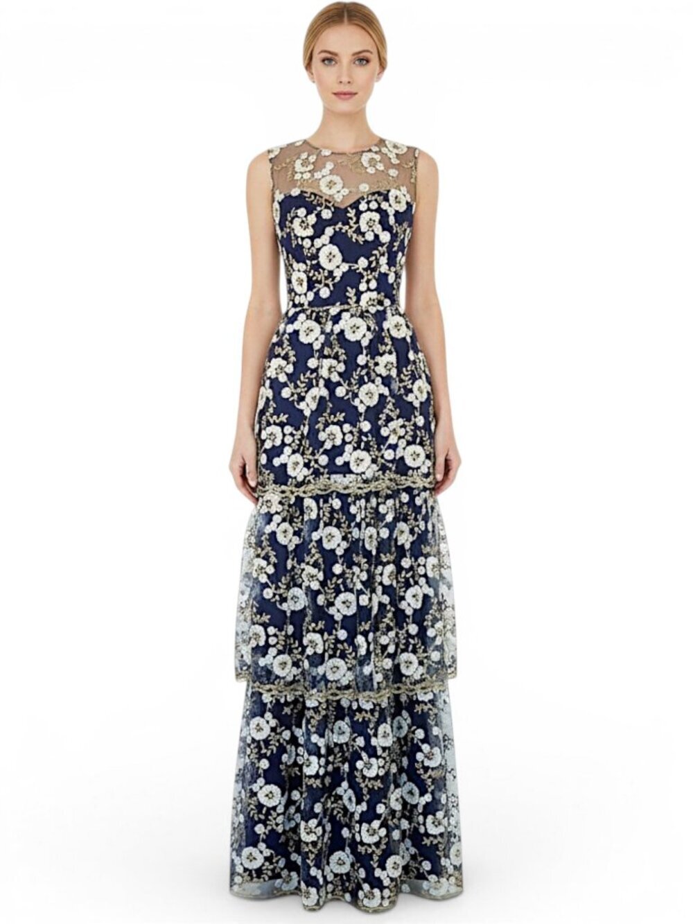 Lotus Threads Navy Gold Lace Floral Embroidered Tiered Dress Gown NWT New 6